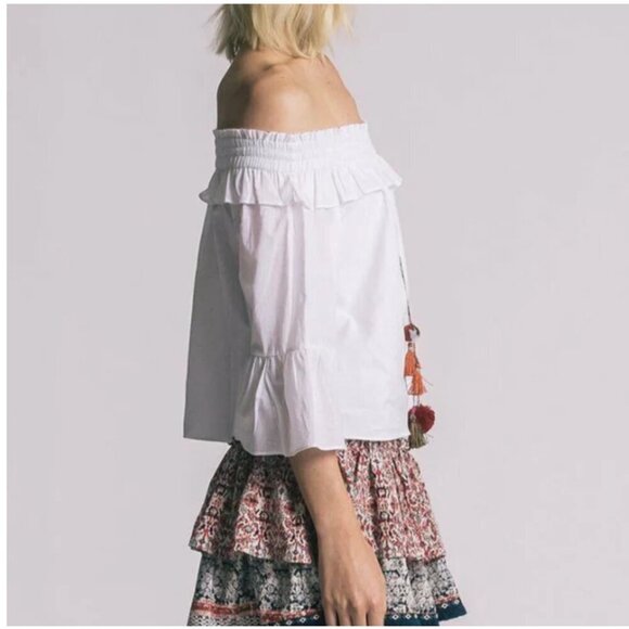 MISA Off Shoulder Crop Top Womens S White Cotton Boho Bell Sleeve Festival - Picture 6 of 8